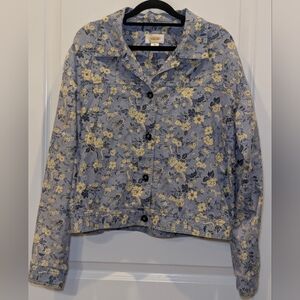 Talbots Floral Trucker Jacket Size Medium Linen Cotton Blend Blue Yellow Denim